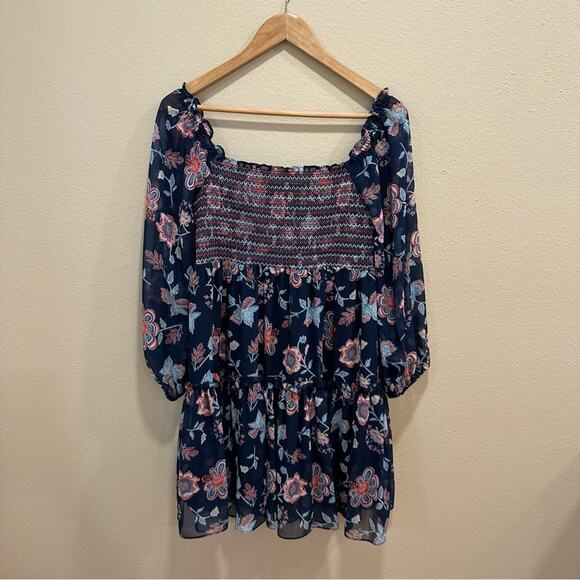 NWT Sachin & Babi Blue Floral Square Neck Smocked Long Sleeve Mini Dress Small - Picture 7 of 11